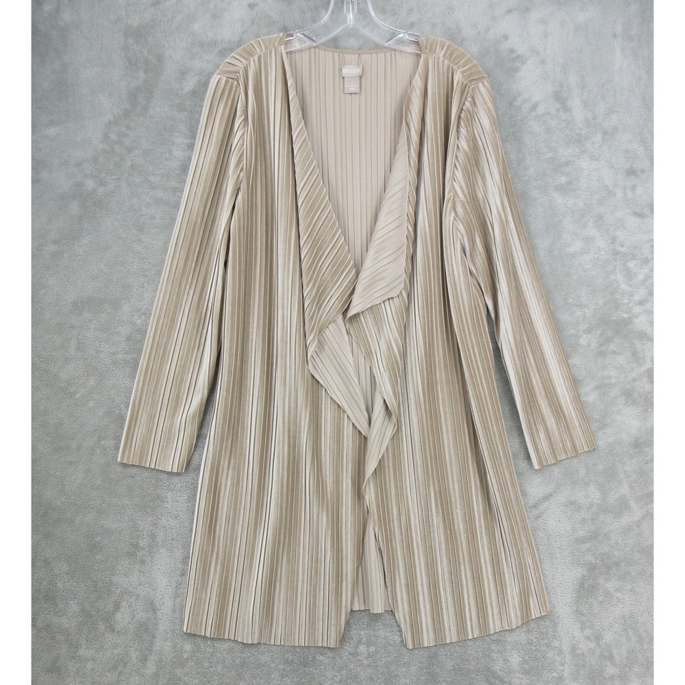 Chicos Cardigan‎ Womens Size 2 L Pleated Open Front Velvet Duster Beige Office